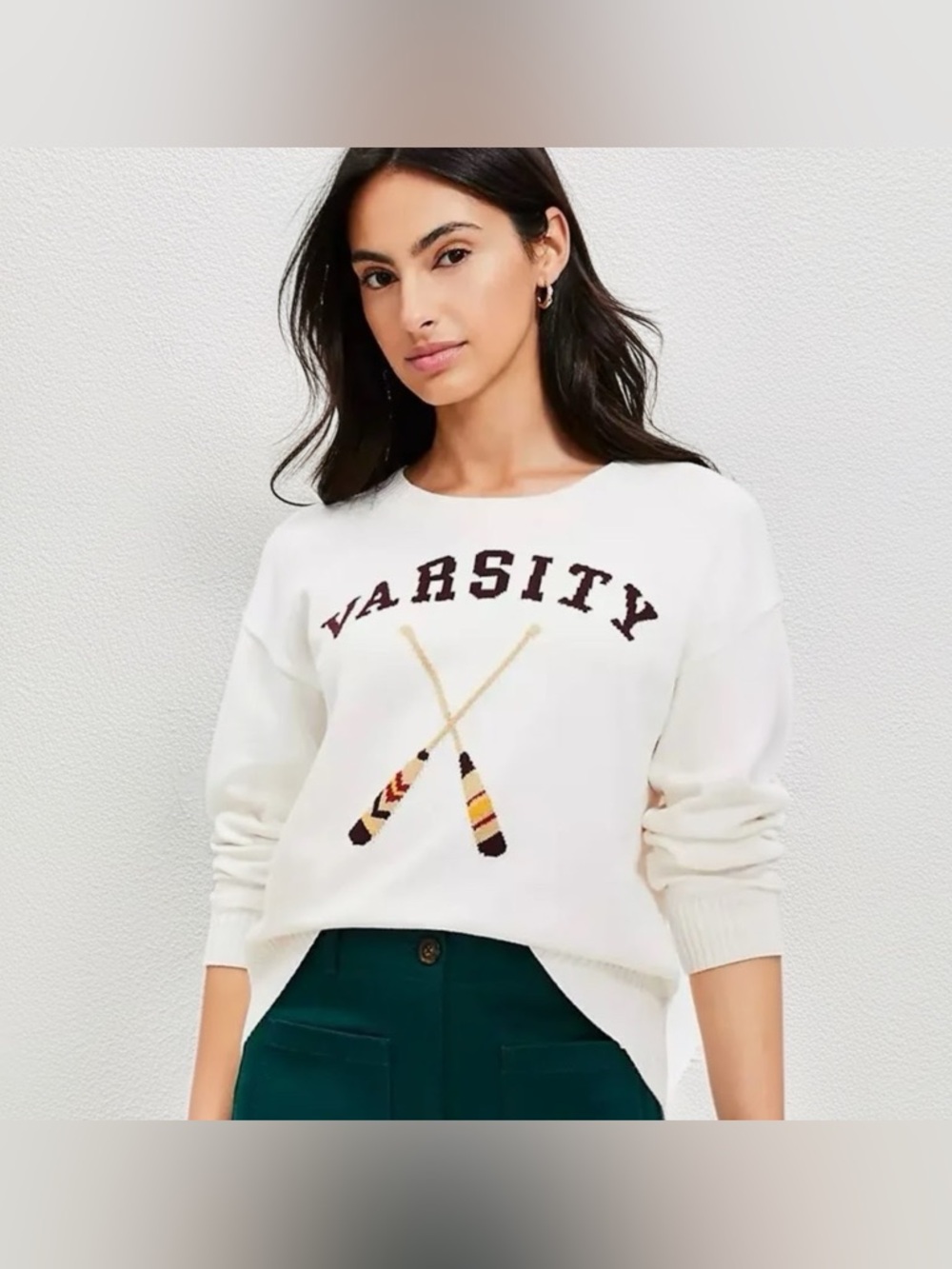 LOFT RIBBED KNIT VARSITY CREWNECK SWEATER